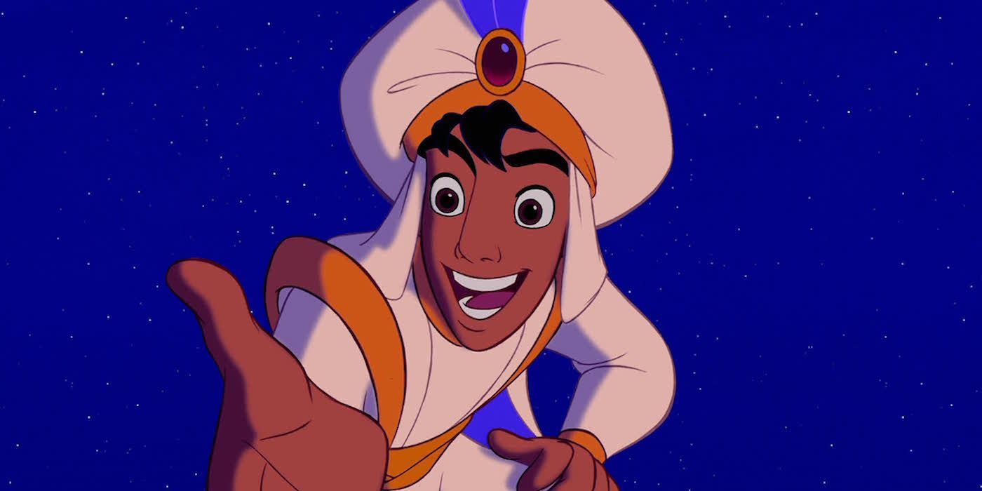 Aladdin zambind si oferindu-si mana cuiva din Aladdin.