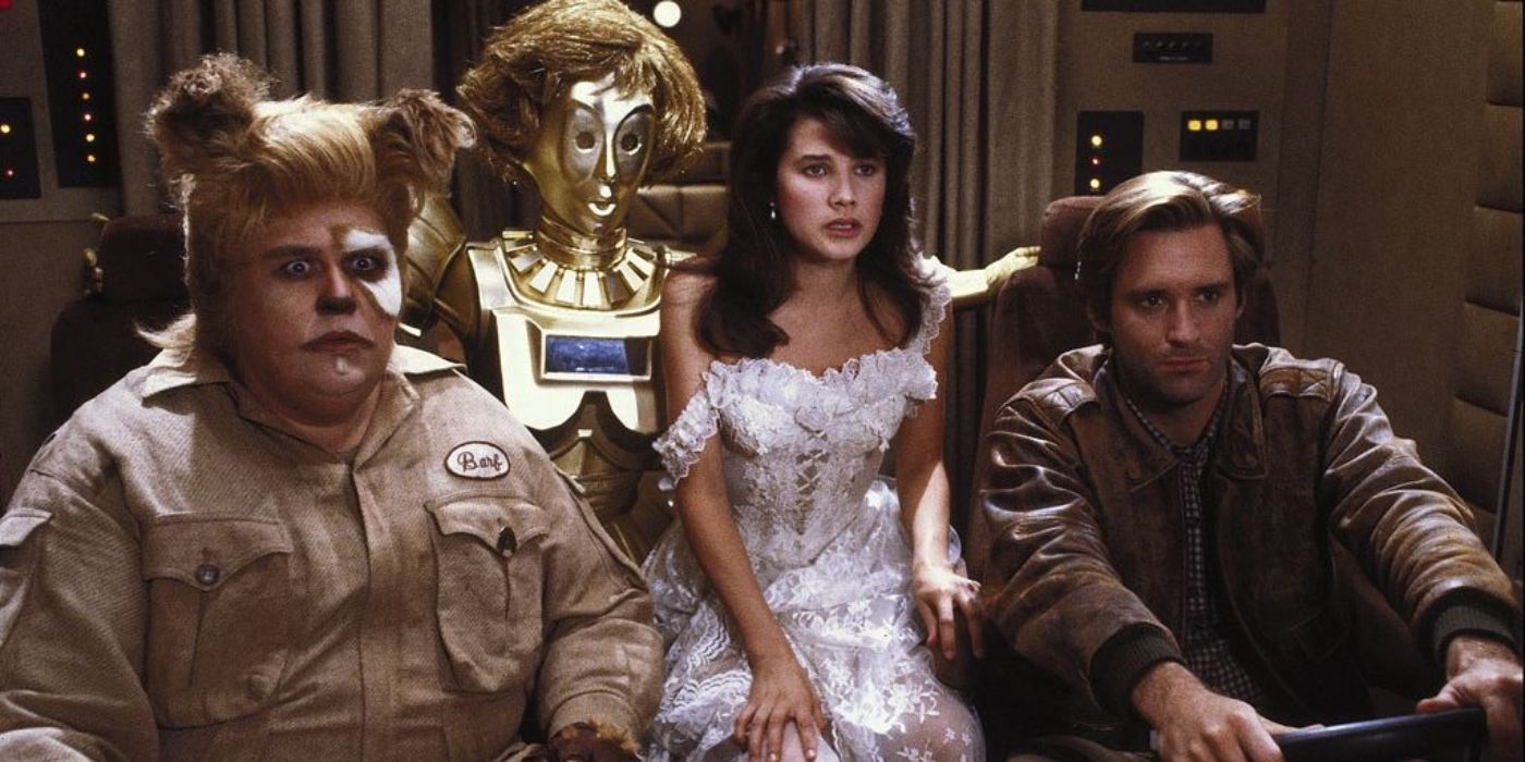 Barf, Dot Matrix, Printesa Vespa si Lone Starr parand ingrijorati in Spaceballs